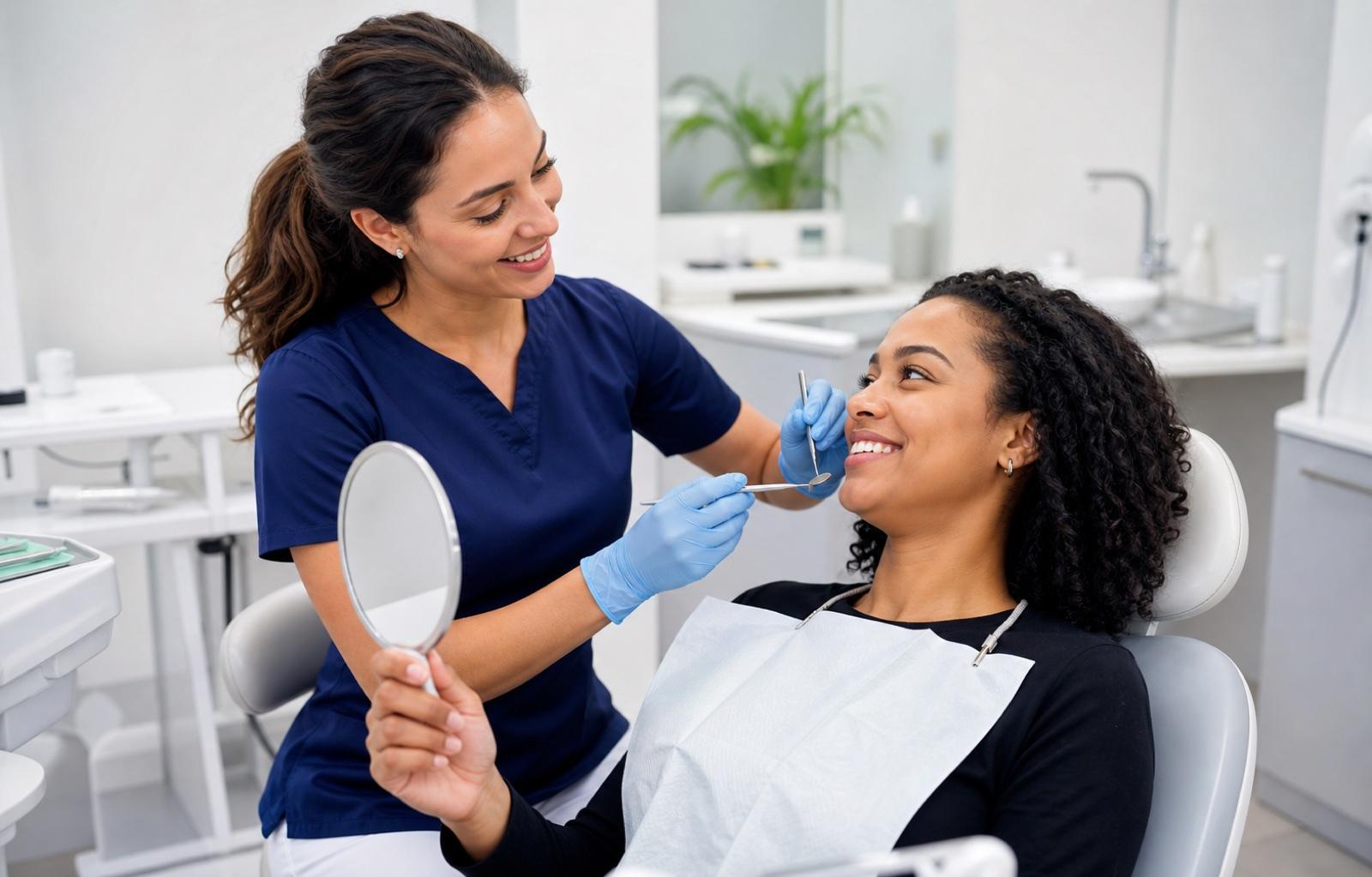 A dentist checking an adult patient's teeth