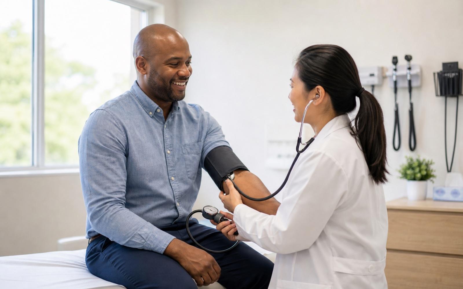 A doctor checking an adult patient's blood pressure