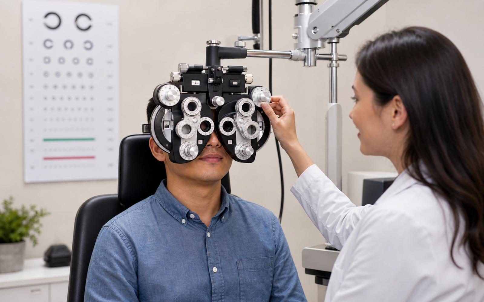 An eye doctor checking an adult patient's vision