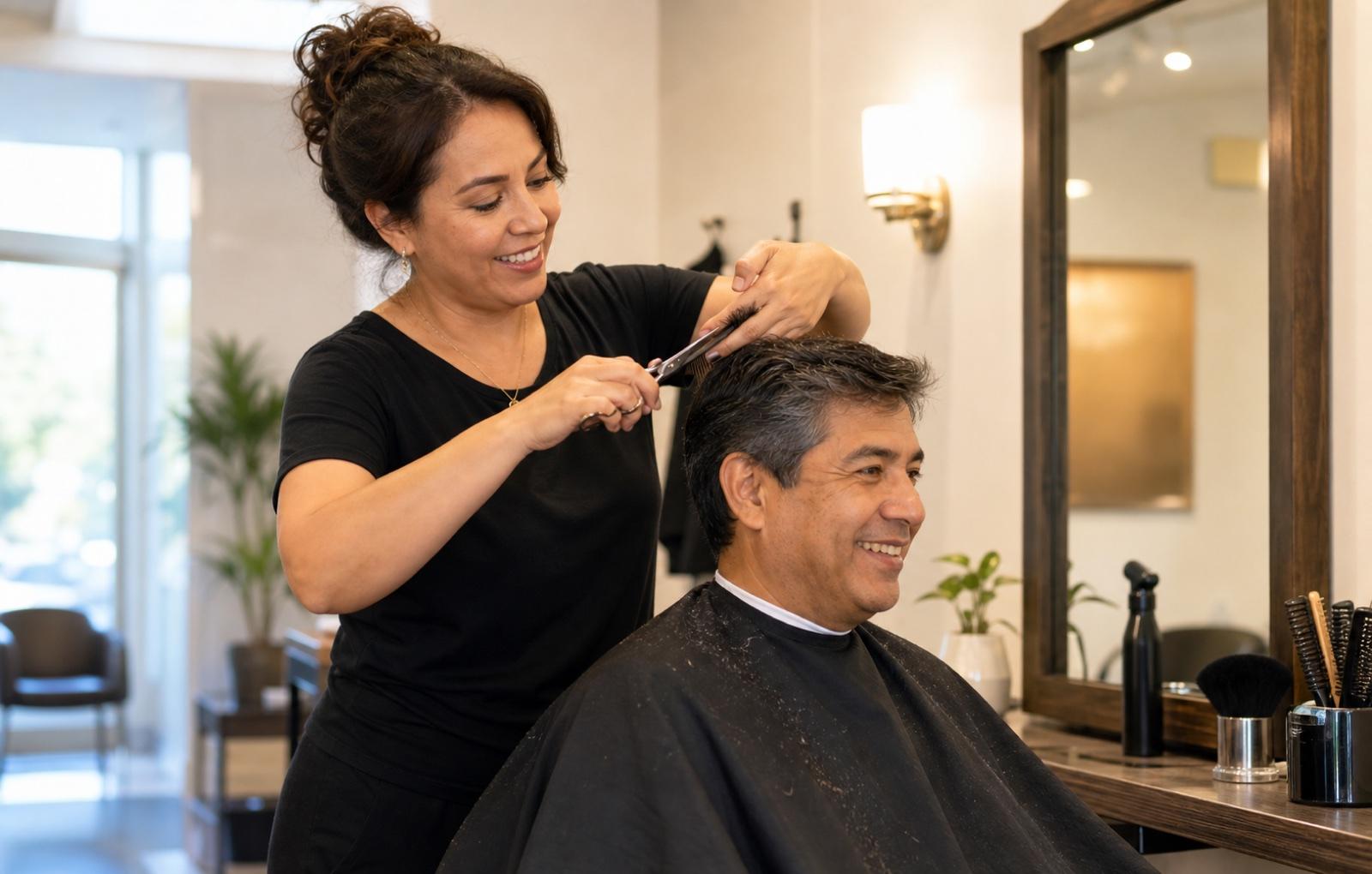 A hair stylist cutting an adult customer's hair
