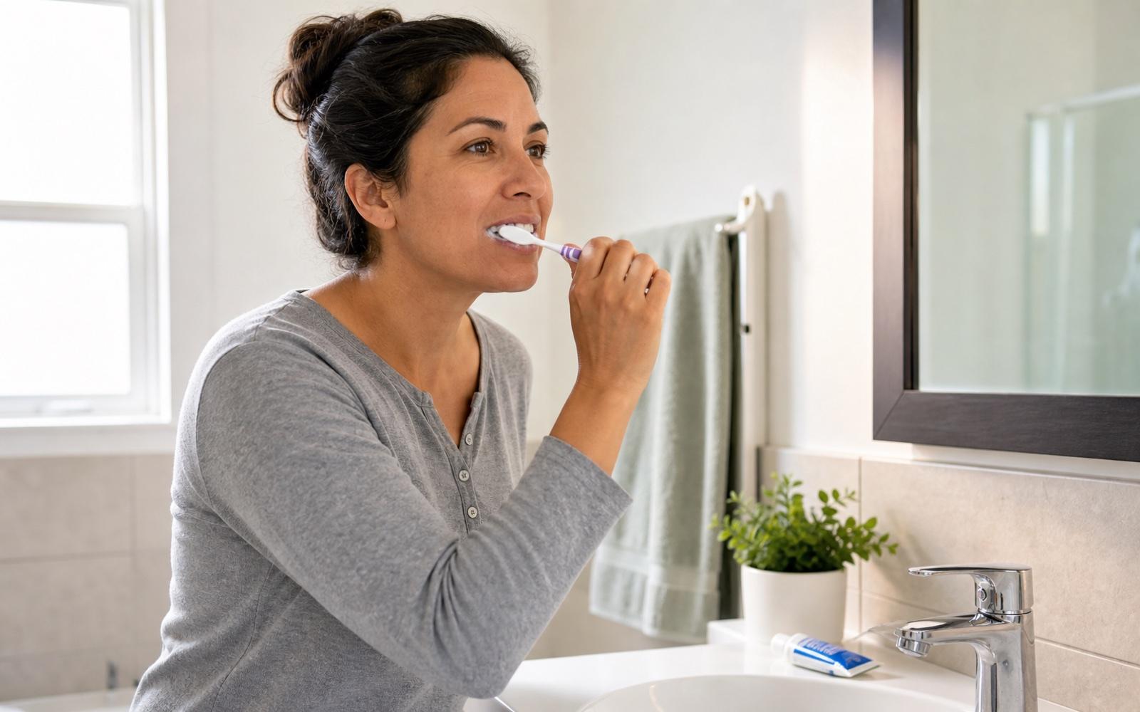 A person brushing their teeth at a bathroom sink