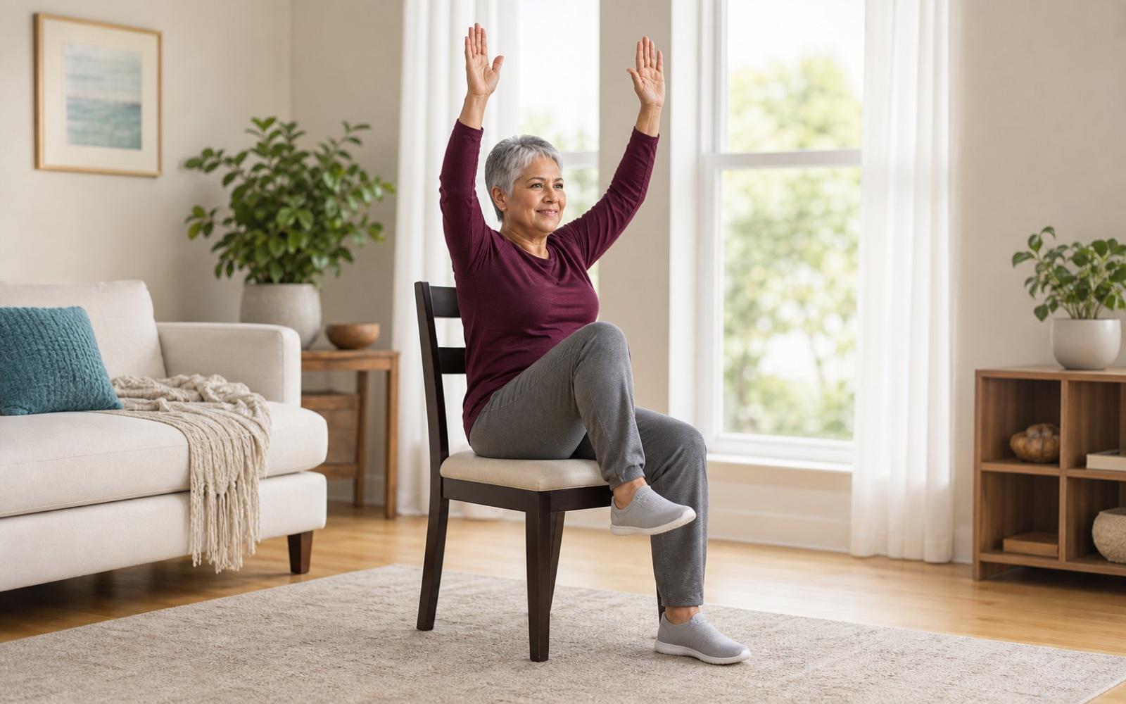 A person lifting their arms and one knee while seated in a sturdy chair