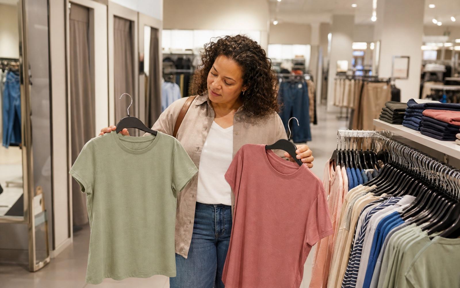 A person shopping for clothes in a clothing store