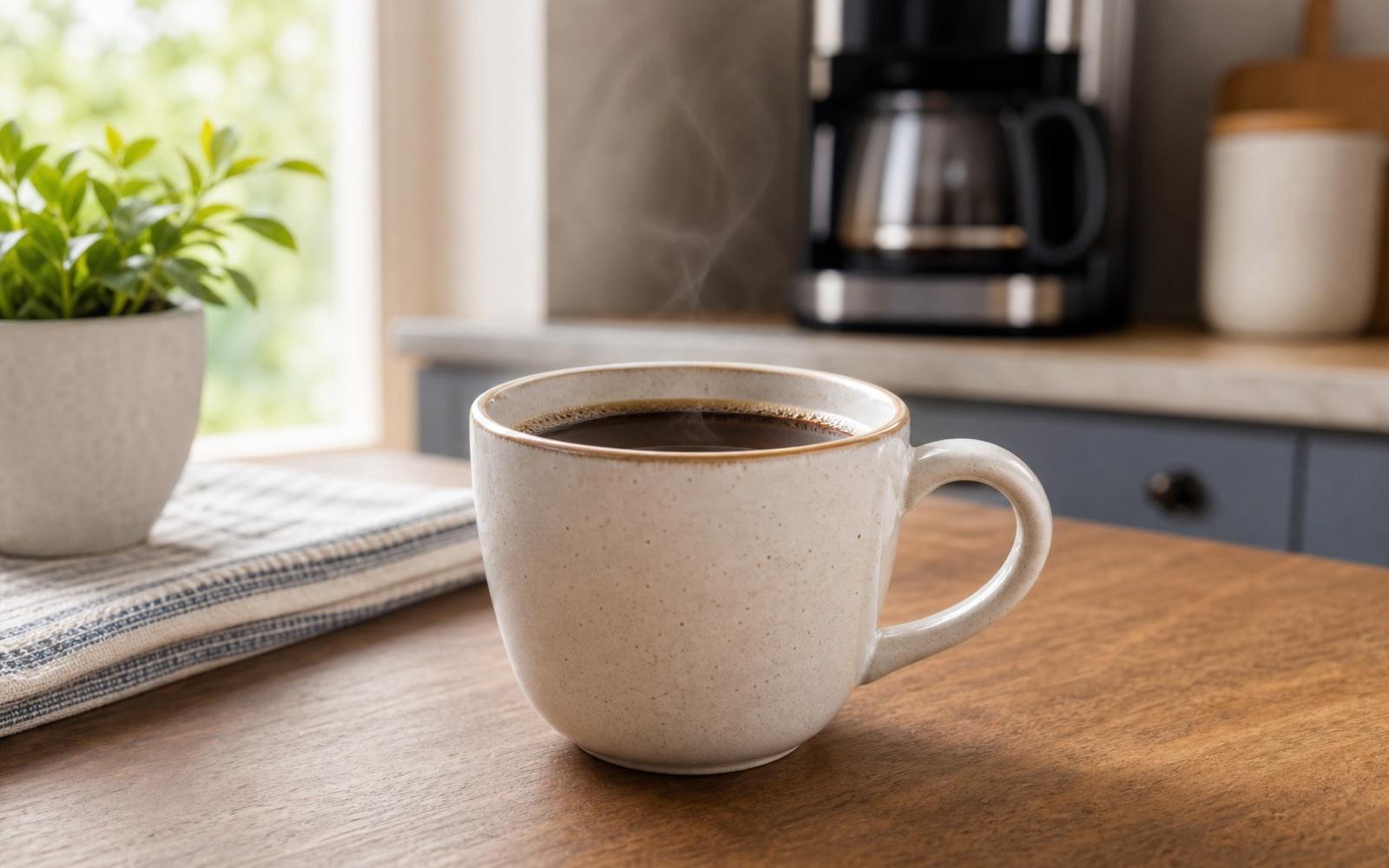 A cup of coffee on a kitchen table