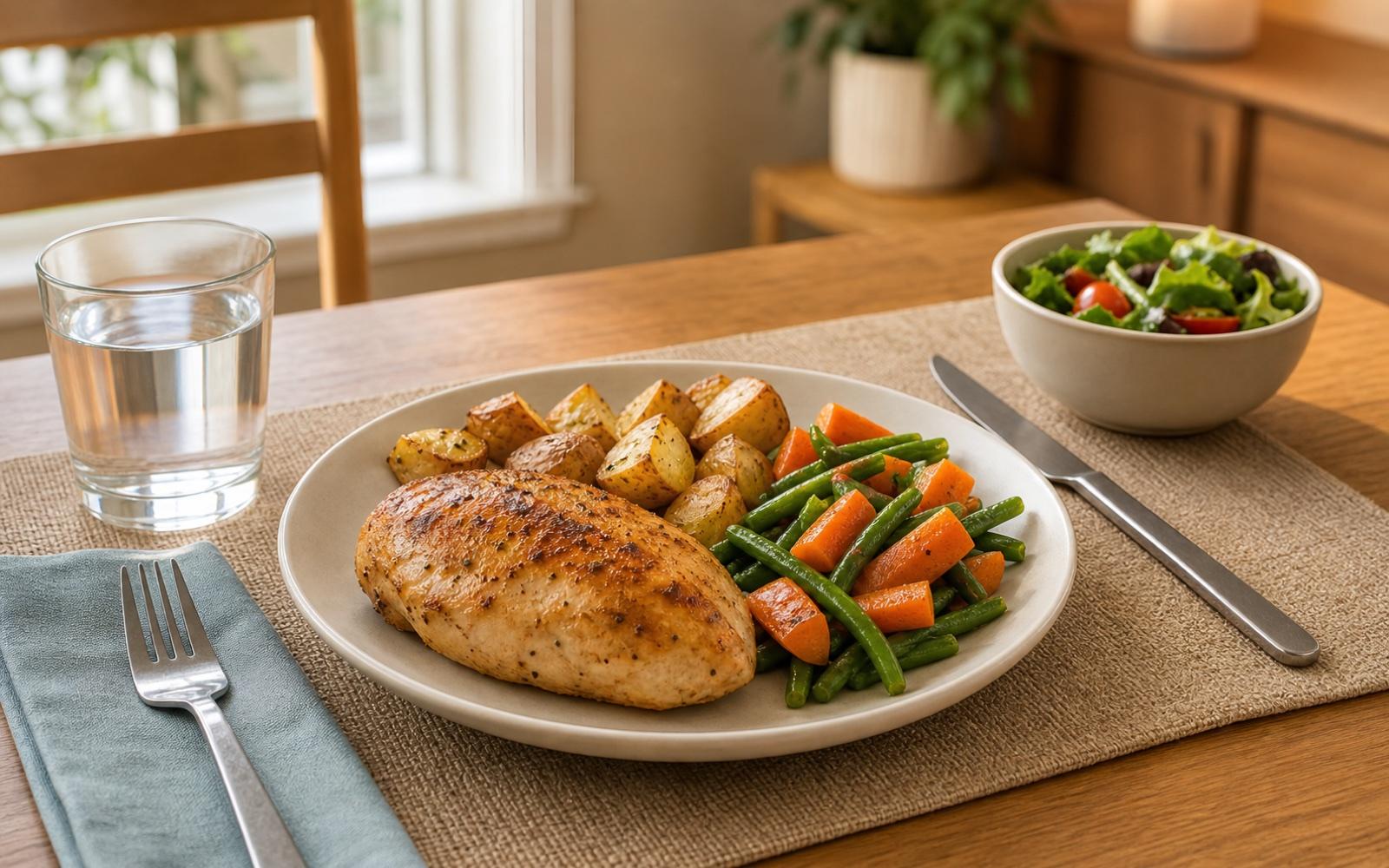 A simple dinner with chicken, potatoes, and vegetables