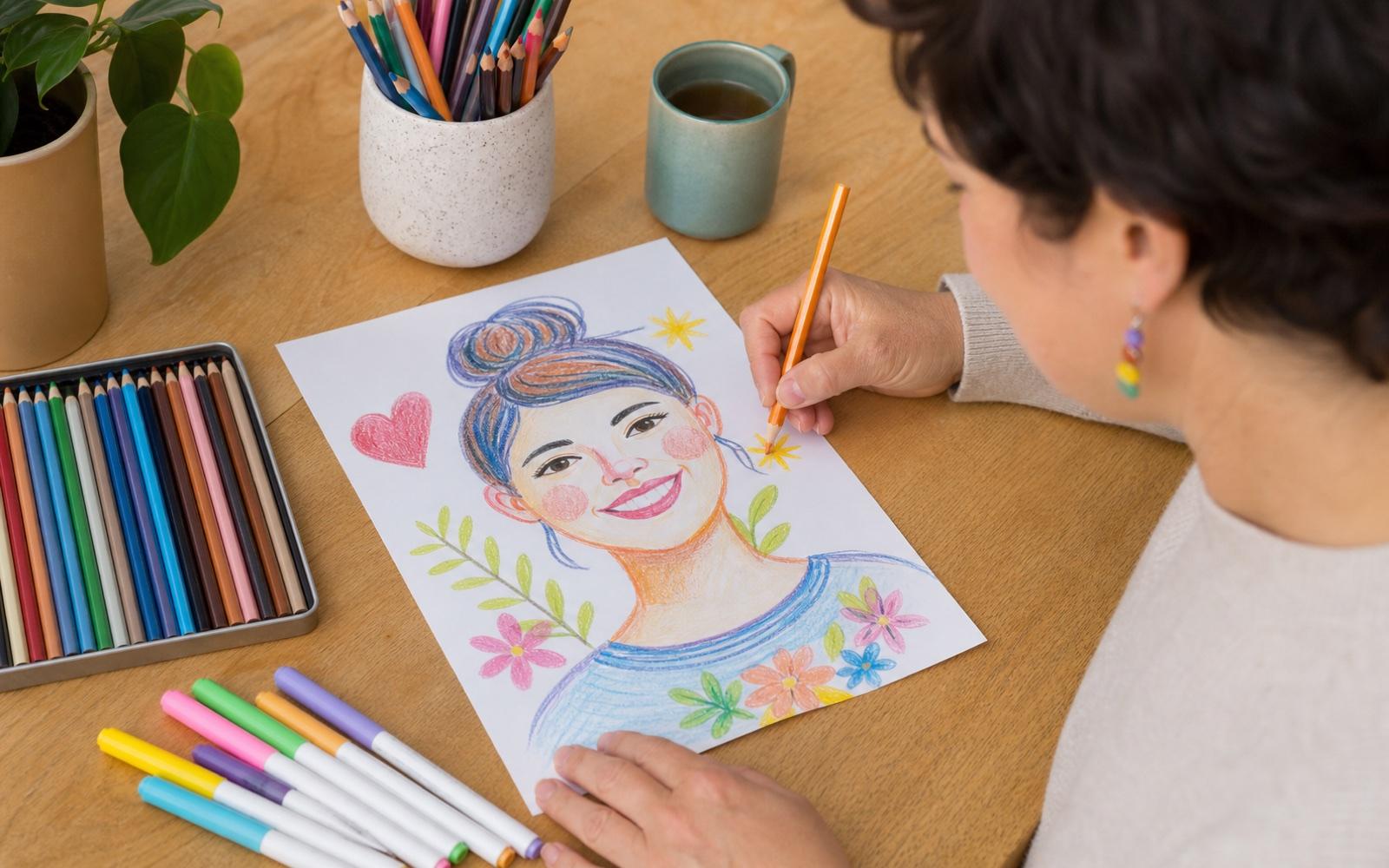 A person drawing and coloring a portrait with art supplies