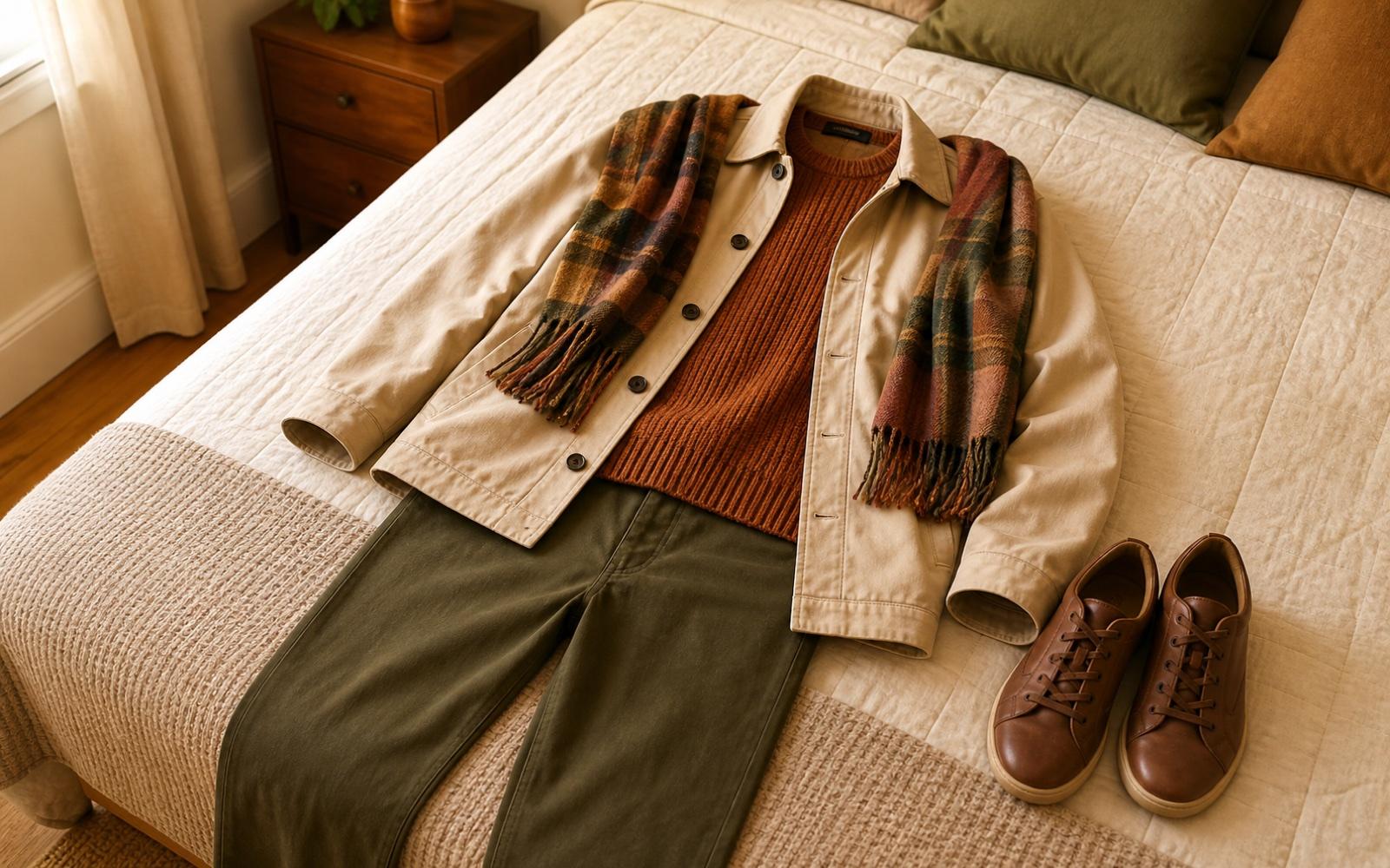 A fall outfit with a sweater, coat, pants, scarf, and shoes