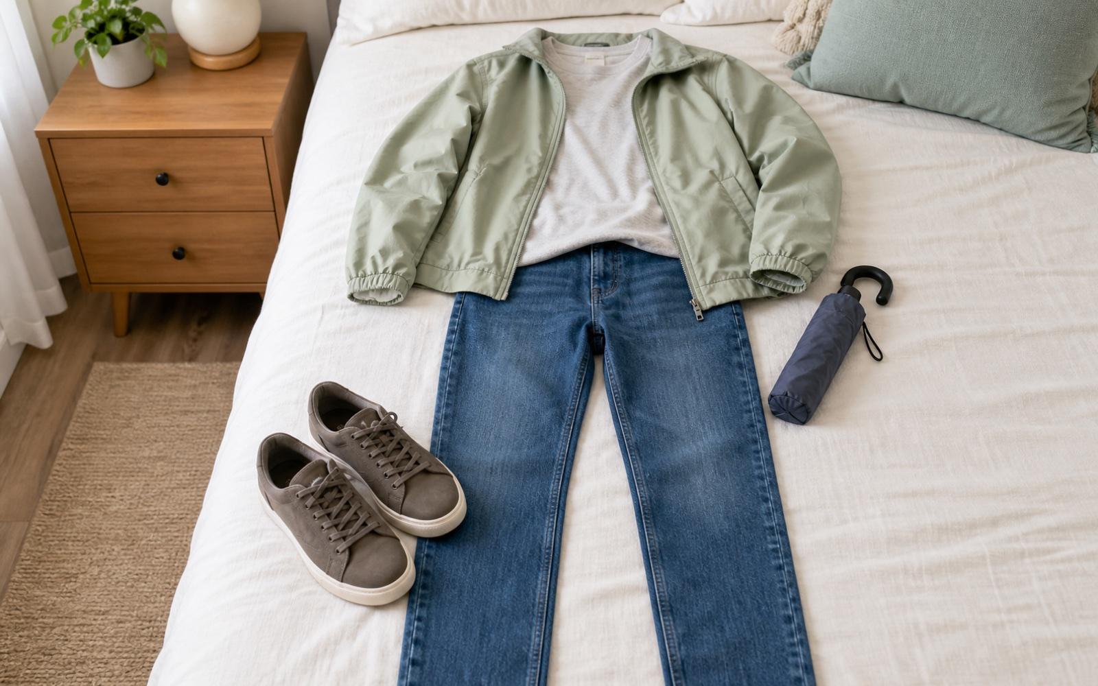 A spring outfit with a light jacket, jeans, shoes, and umbrella
