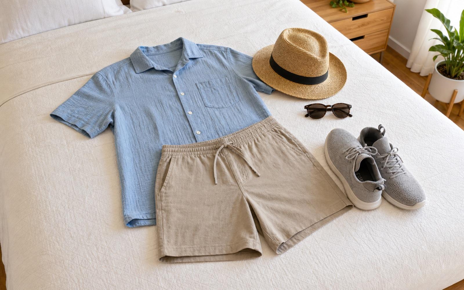 A summer outfit with a light shirt, shorts, hat, and shoes
