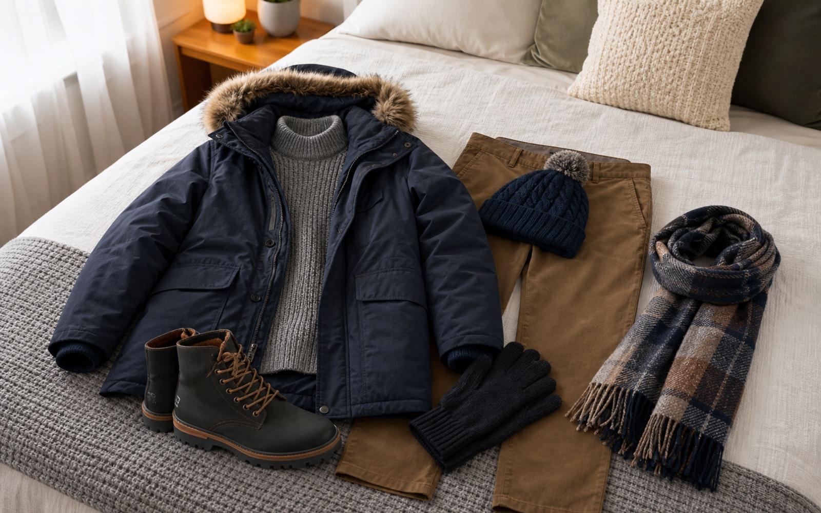 A winter outfit with a coat, sweater, pants, boots, hat, gloves, and scarf