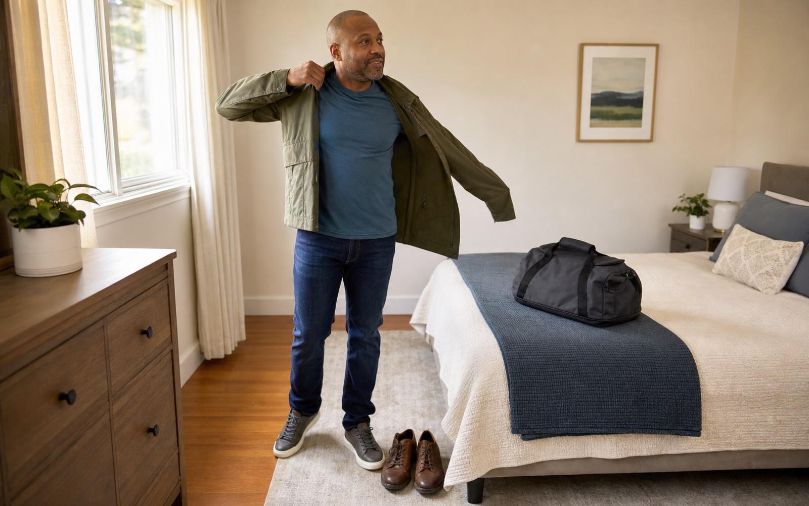 A person putting on a jacket beside shoes and a packed bag