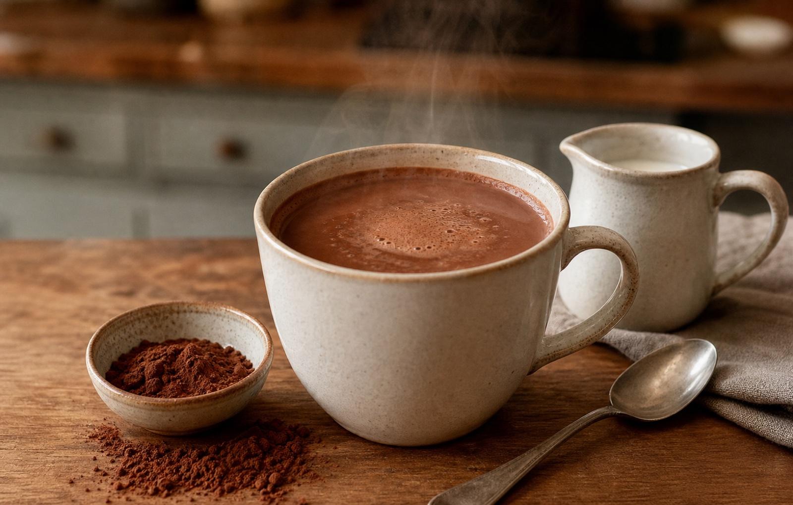 A warm mug of hot chocolate with cocoa and milk nearby