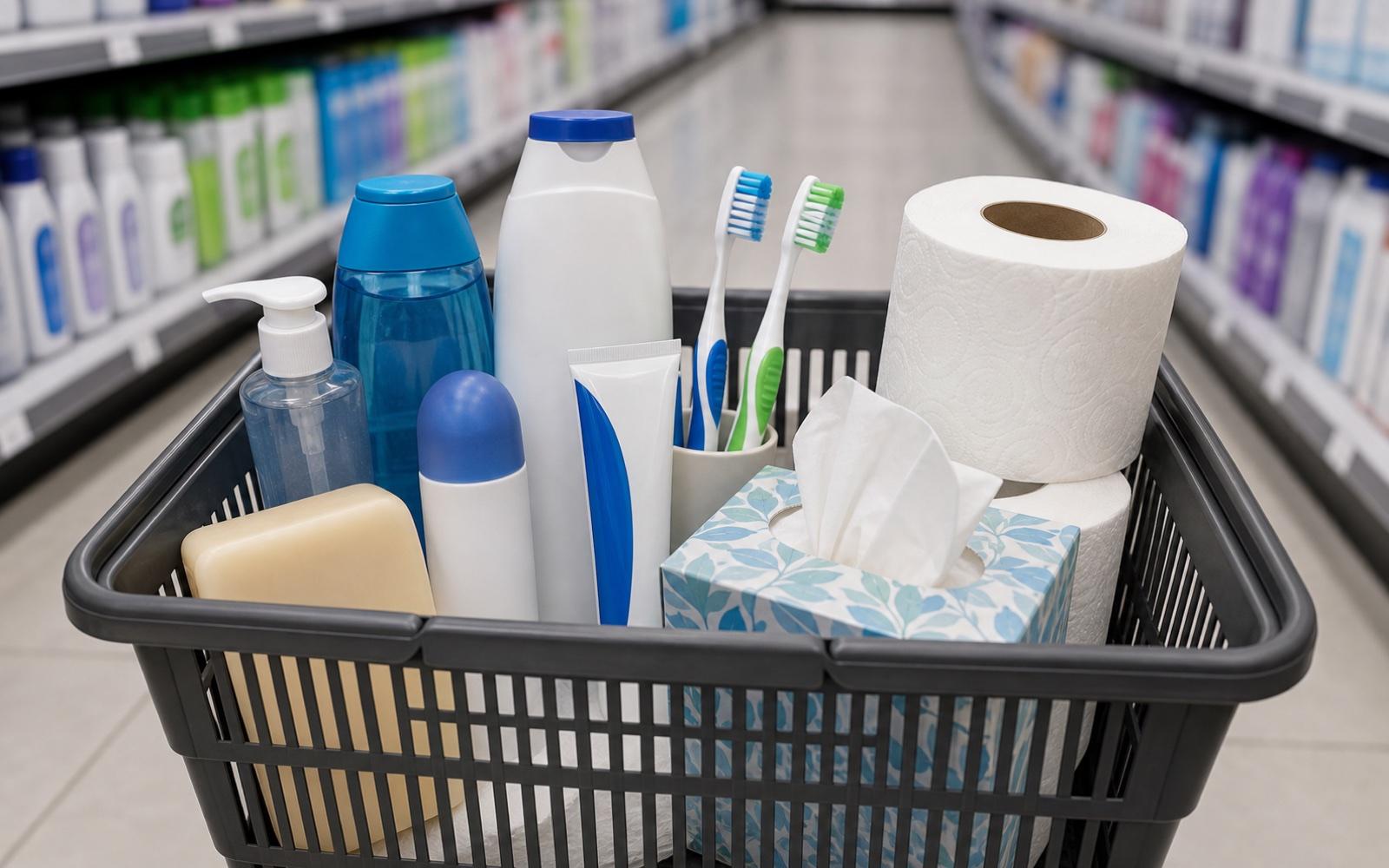 A shopping basket filled with soap, toothbrushes, toothpaste, shampoo, and other toiletries