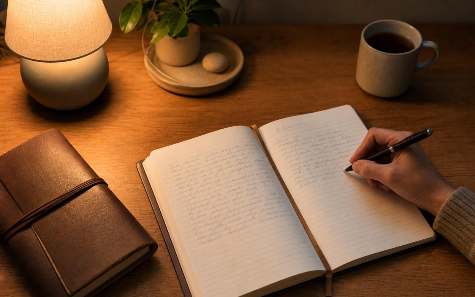 An open personal journal with a pen on a quiet desk