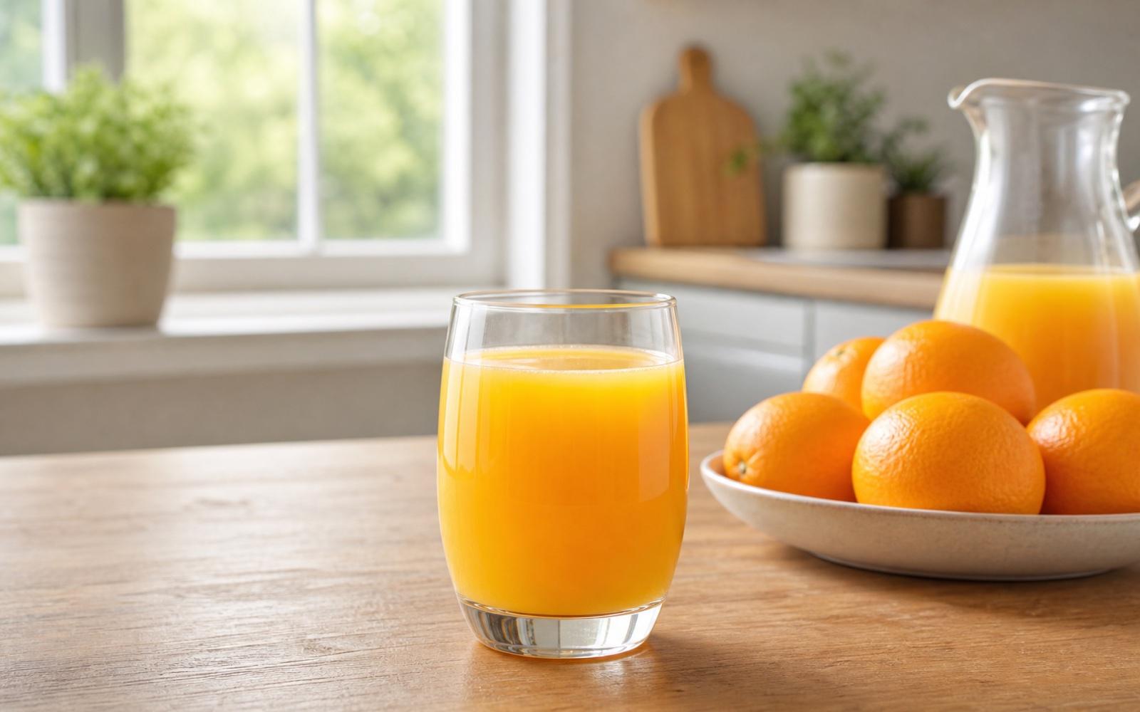 A glass of orange juice on a kitchen table