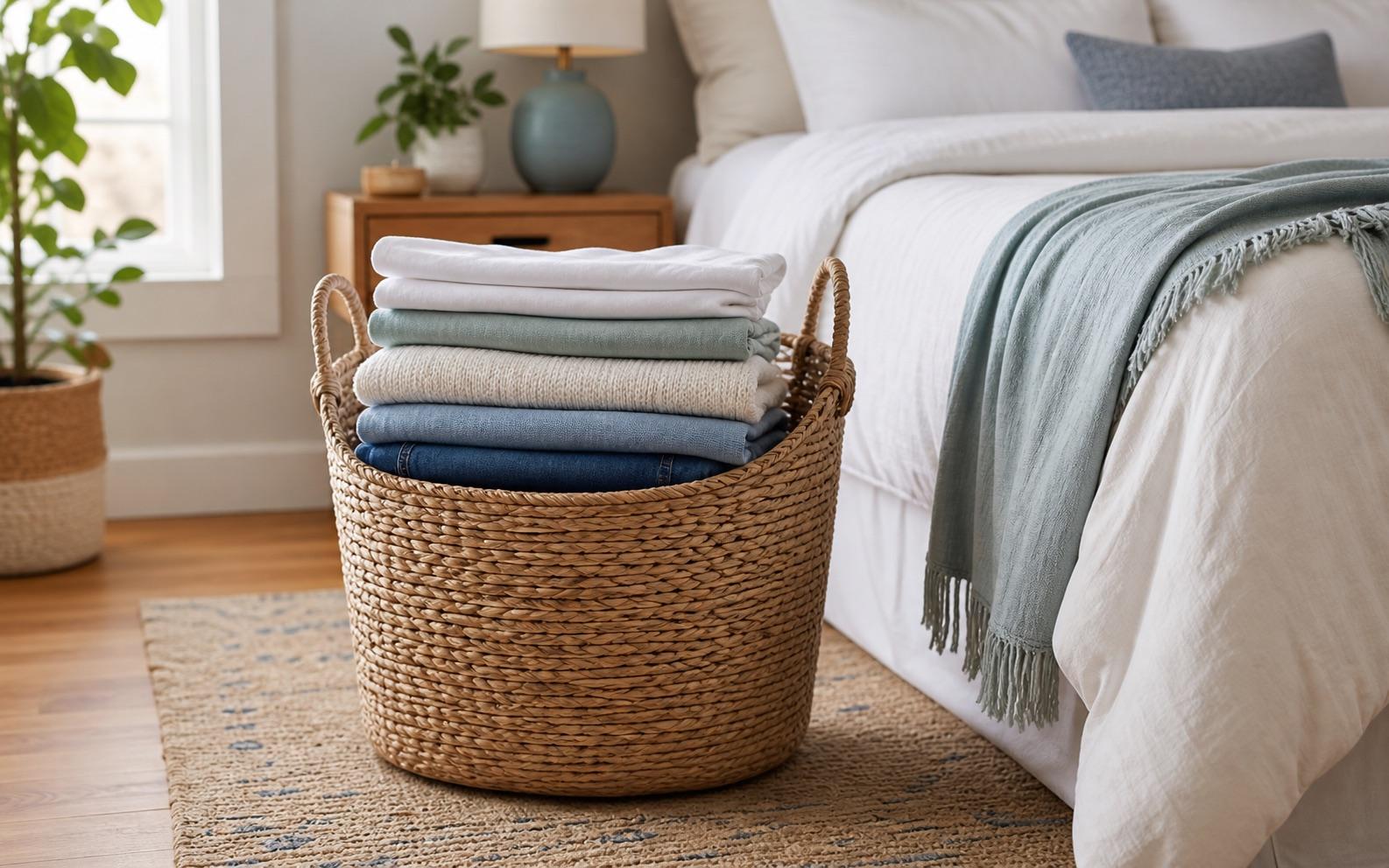 Clean folded laundry in a basket beside a made bed