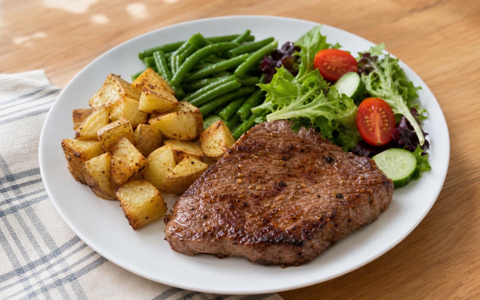 A lunch plate with cooked steak, potatoes, vegetables, and salad