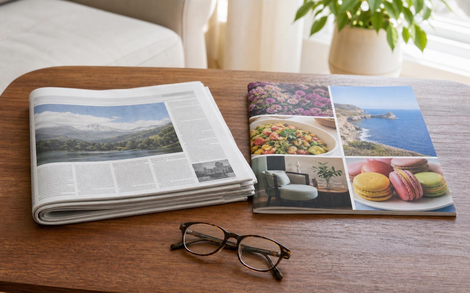 A newspaper and colorful magazines arranged on a table
