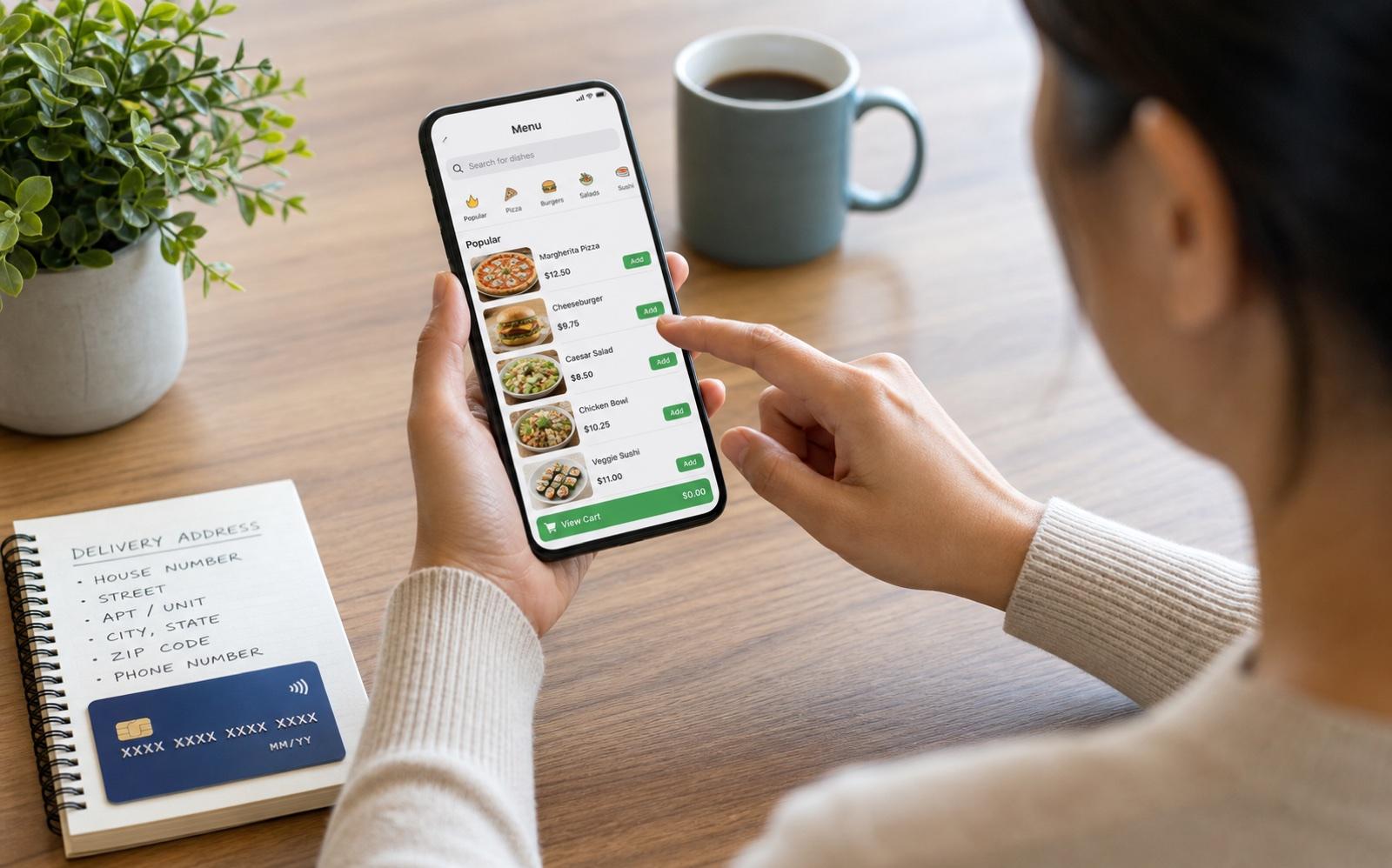 A person choosing a meal in a food ordering app on a smartphone
