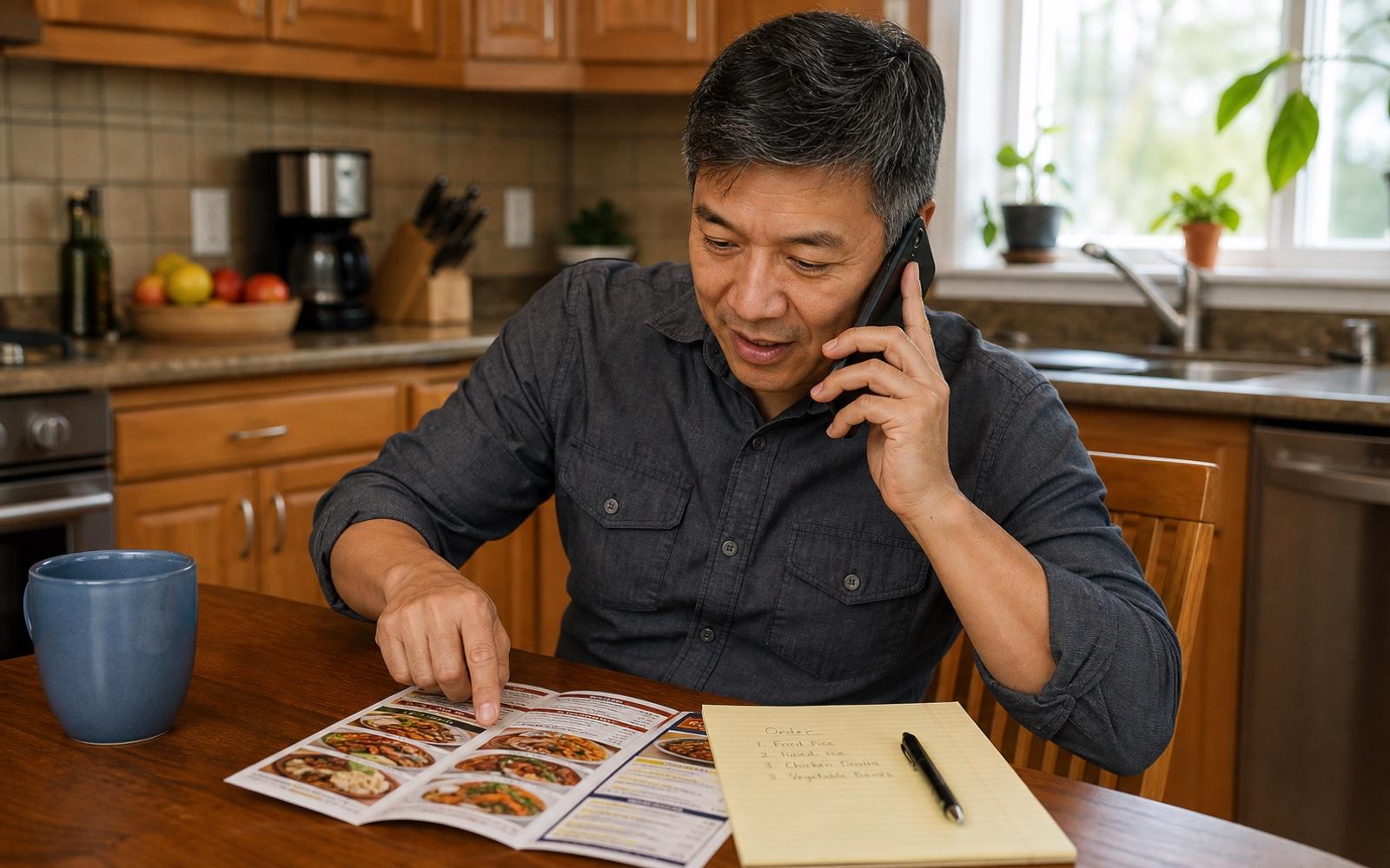 A person ordering food from a restaurant by phone