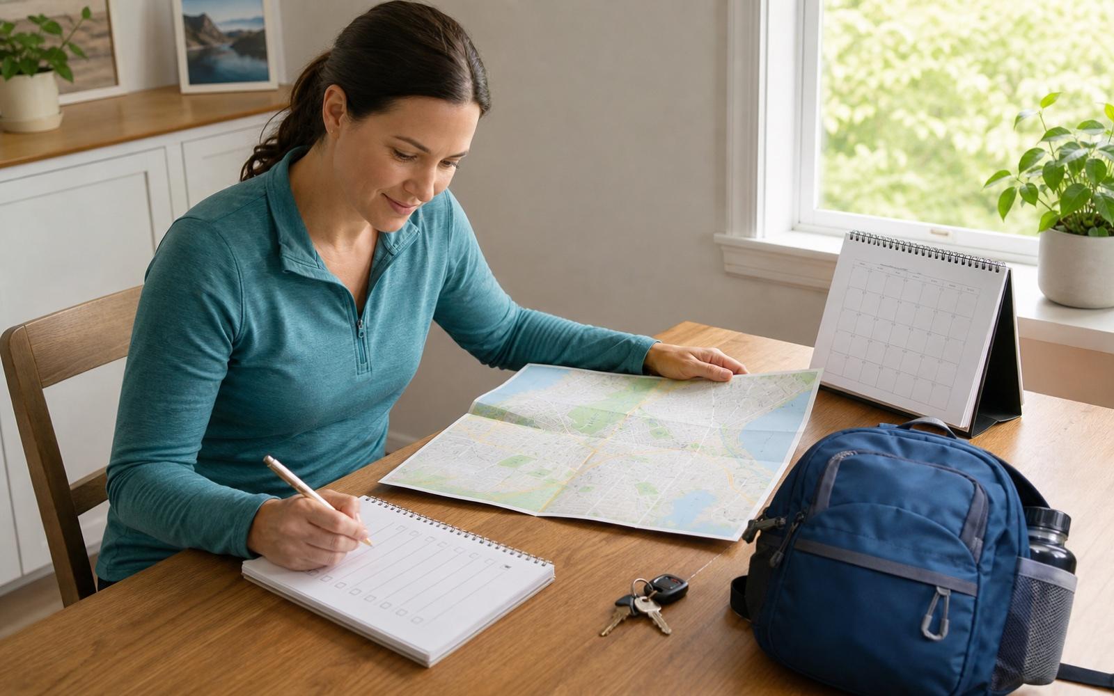 Two people planning an outing with a map, calendar, and notebook