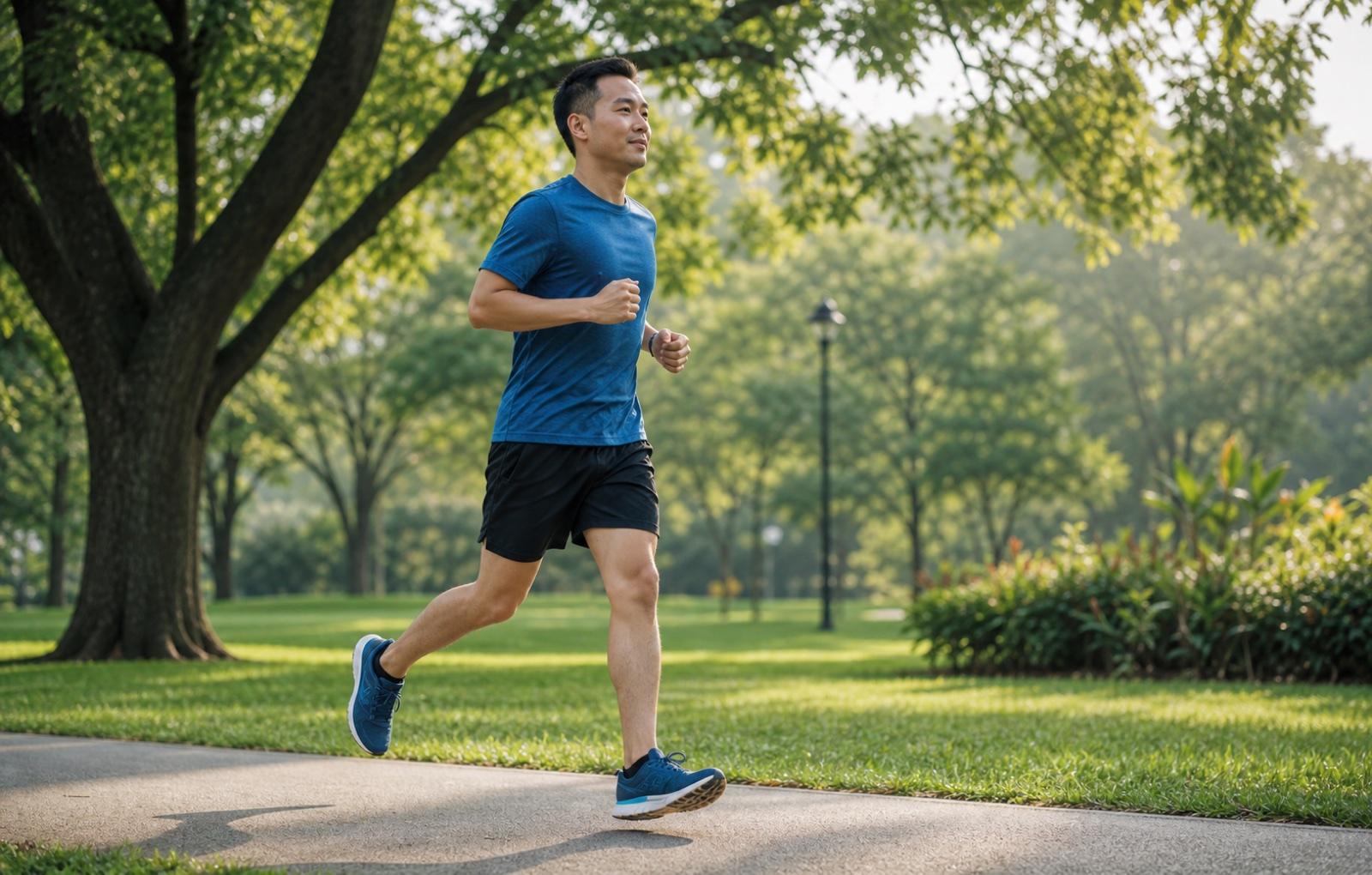 A person running on a safe path in a green park