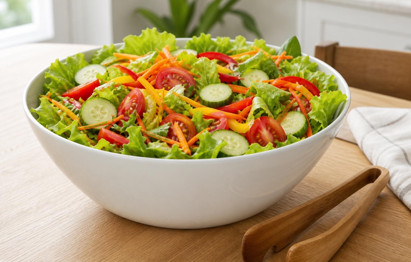 A large bowl filled with lettuce, tomatoes, cucumber, carrots, and peppers