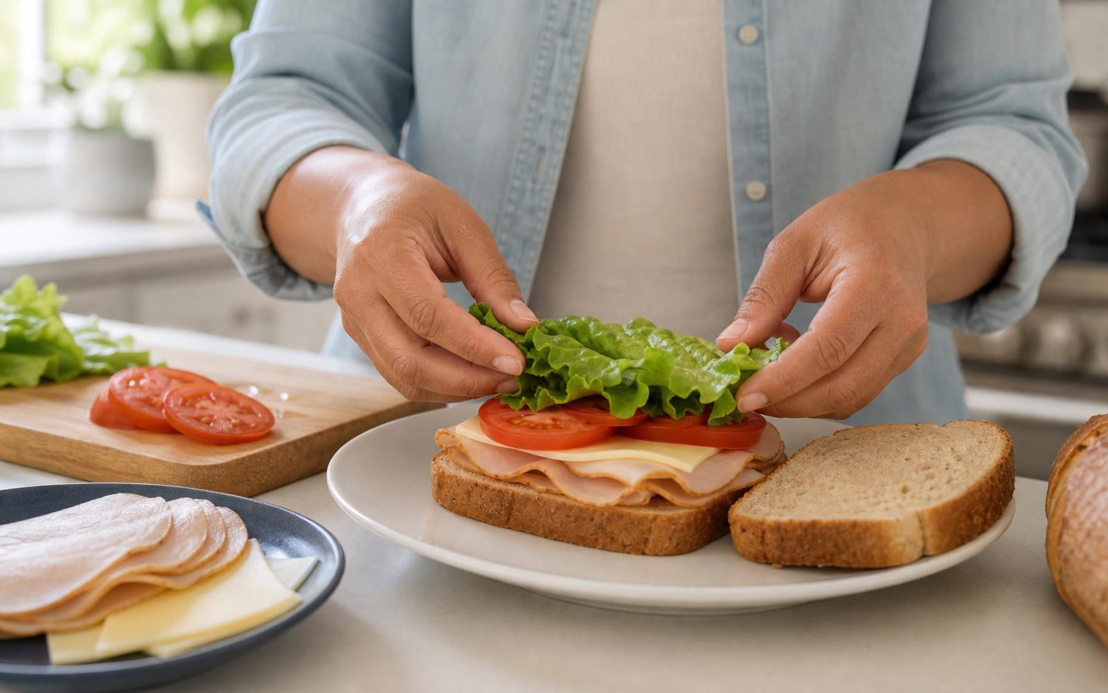 A person making a sandwich with bread, meat, cheese, tomato, and lettuce