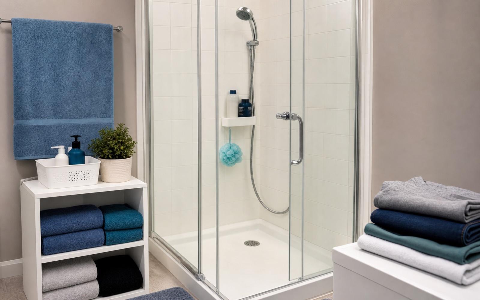 A clean shower with towels, toiletries, and clean clothes ready