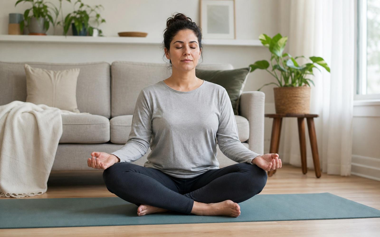 A person sitting in a calm yoga pose and practicing slow breathing