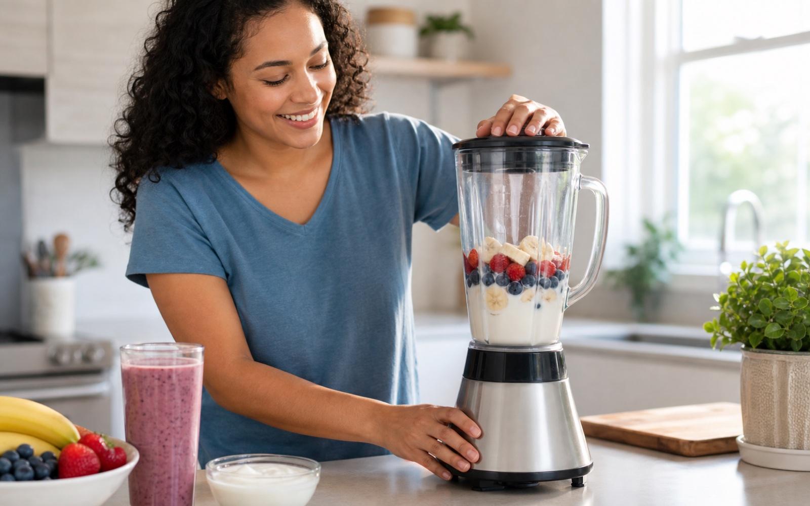A person blending fruit into a smoothie