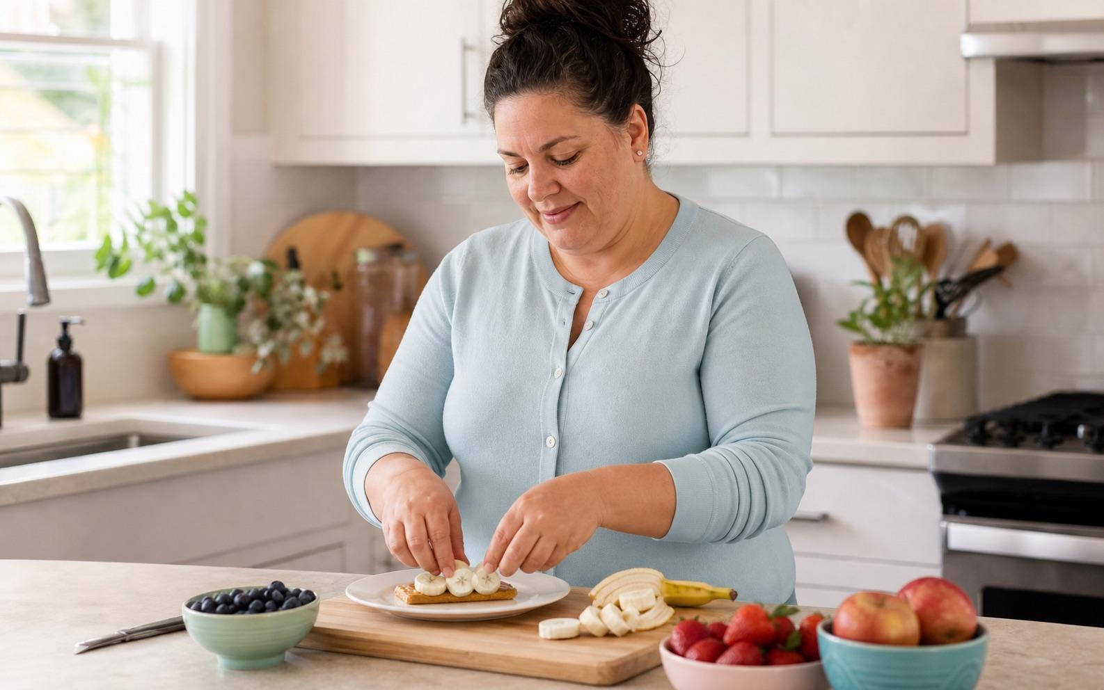 A person preparing a fruit snack in a bright kitchen