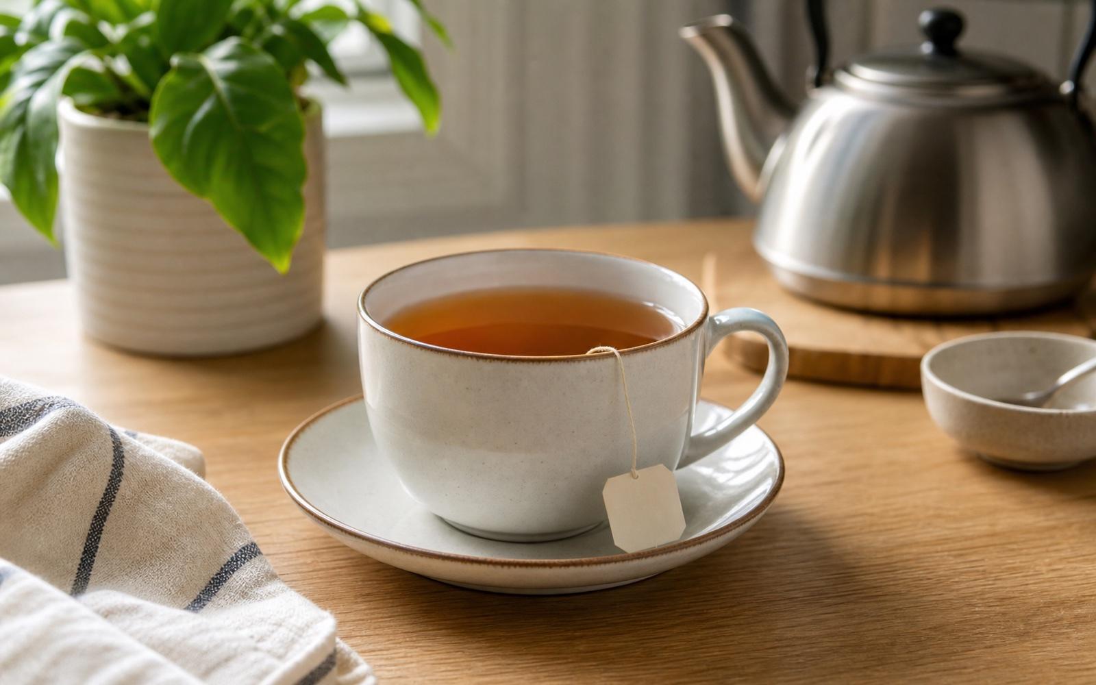 A cup of tea with a kettle nearby