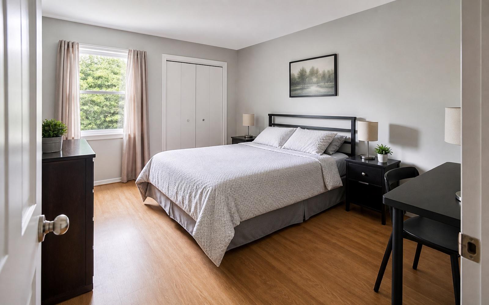 A full tidy bedroom with a made bed, organized shelves, and a clear floor