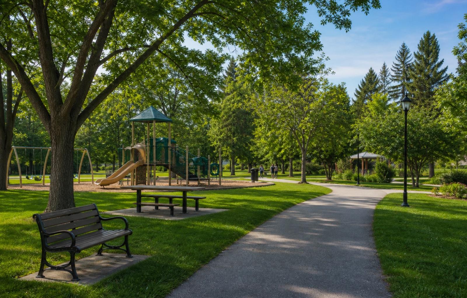 A green community park with paths, benches, trees, and people visiting