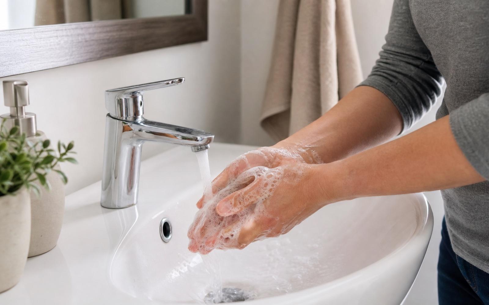 A person washing both hands with soap and water