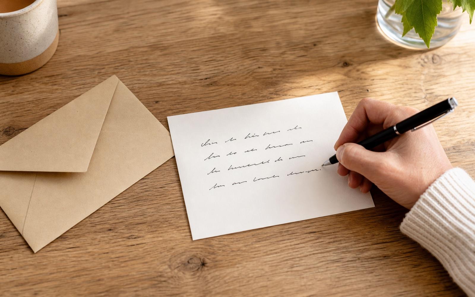A hand writing a short note on a note card