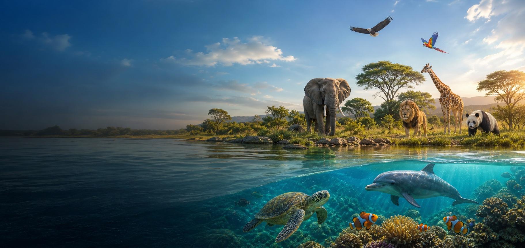 Animals from land, water, and air gathered in nature
