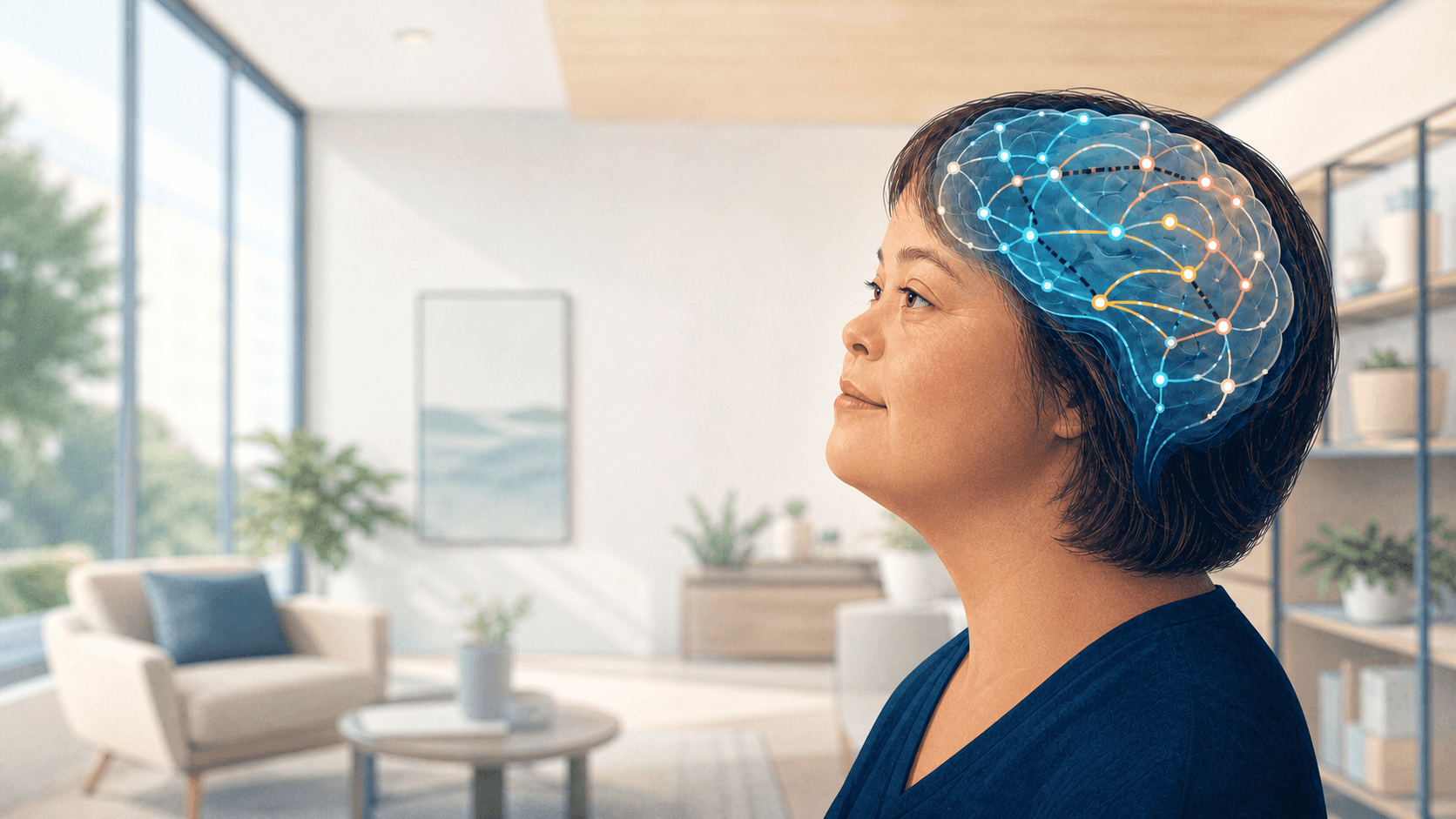 An adult woman with Down syndrome in a modern home, with an illustrated network of pathways over her brain