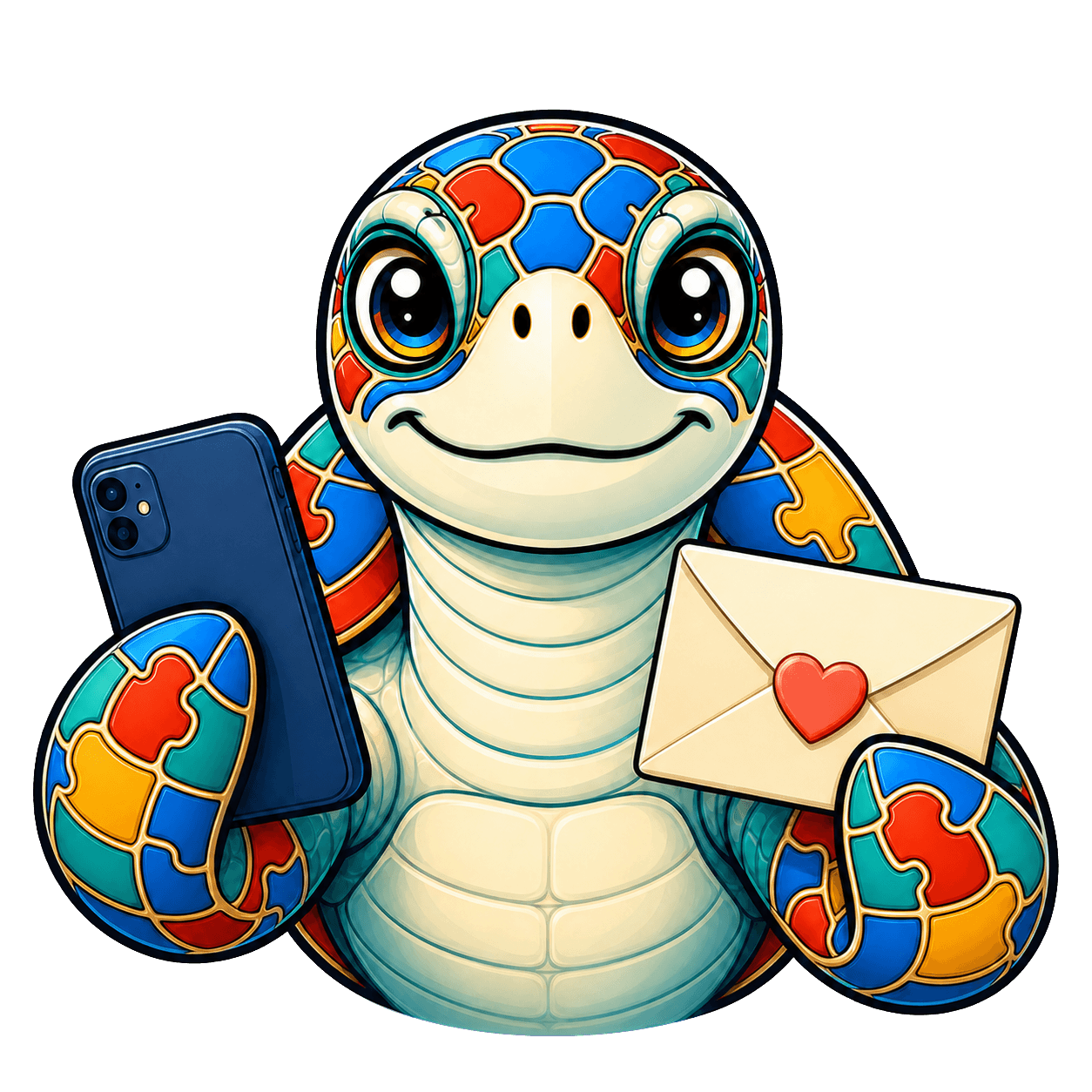 The HumanLink turtle holding a phone and an envelope
