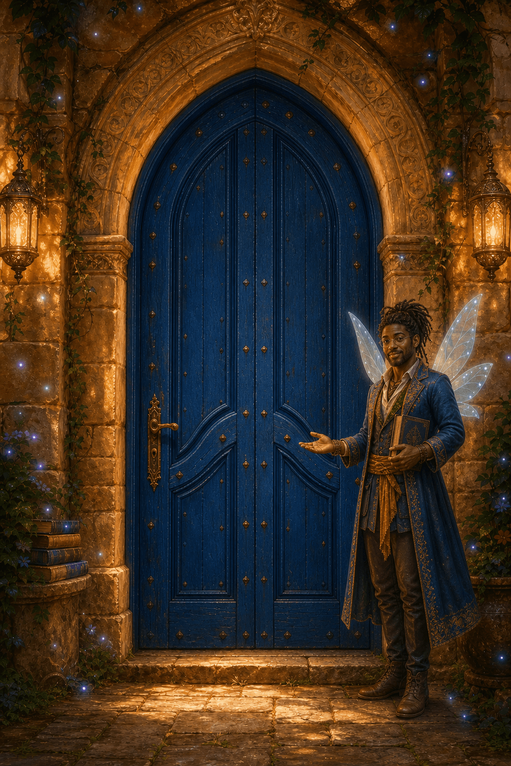 A glowing blue castle door with a friendly fairy scholar inviting you inside