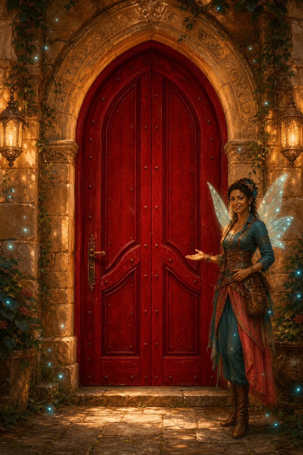 A glowing red castle door with a friendly fairy guide inviting you inside
