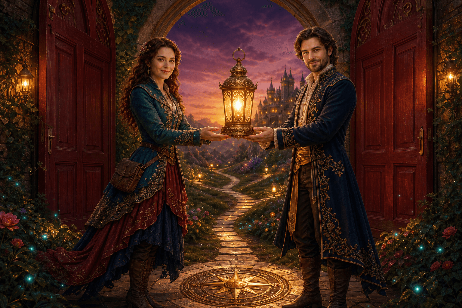 A female and male guide holding a glowing lantern together beside an open red doorway and a branching garden path