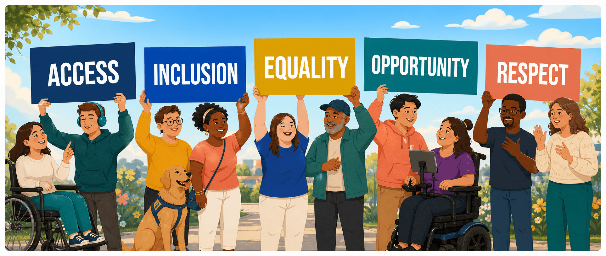 A diverse community of people with developmental disabilities and allies holding signs that say Access, Inclusion, Equality, Opportunity, and Respect