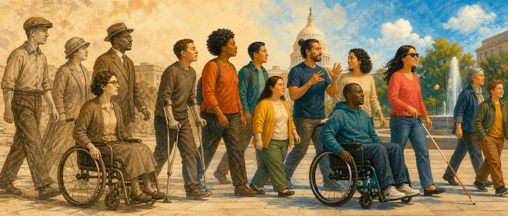 A painted scene of disabled advocates and allies moving together from a sepia-toned past into the colorful present