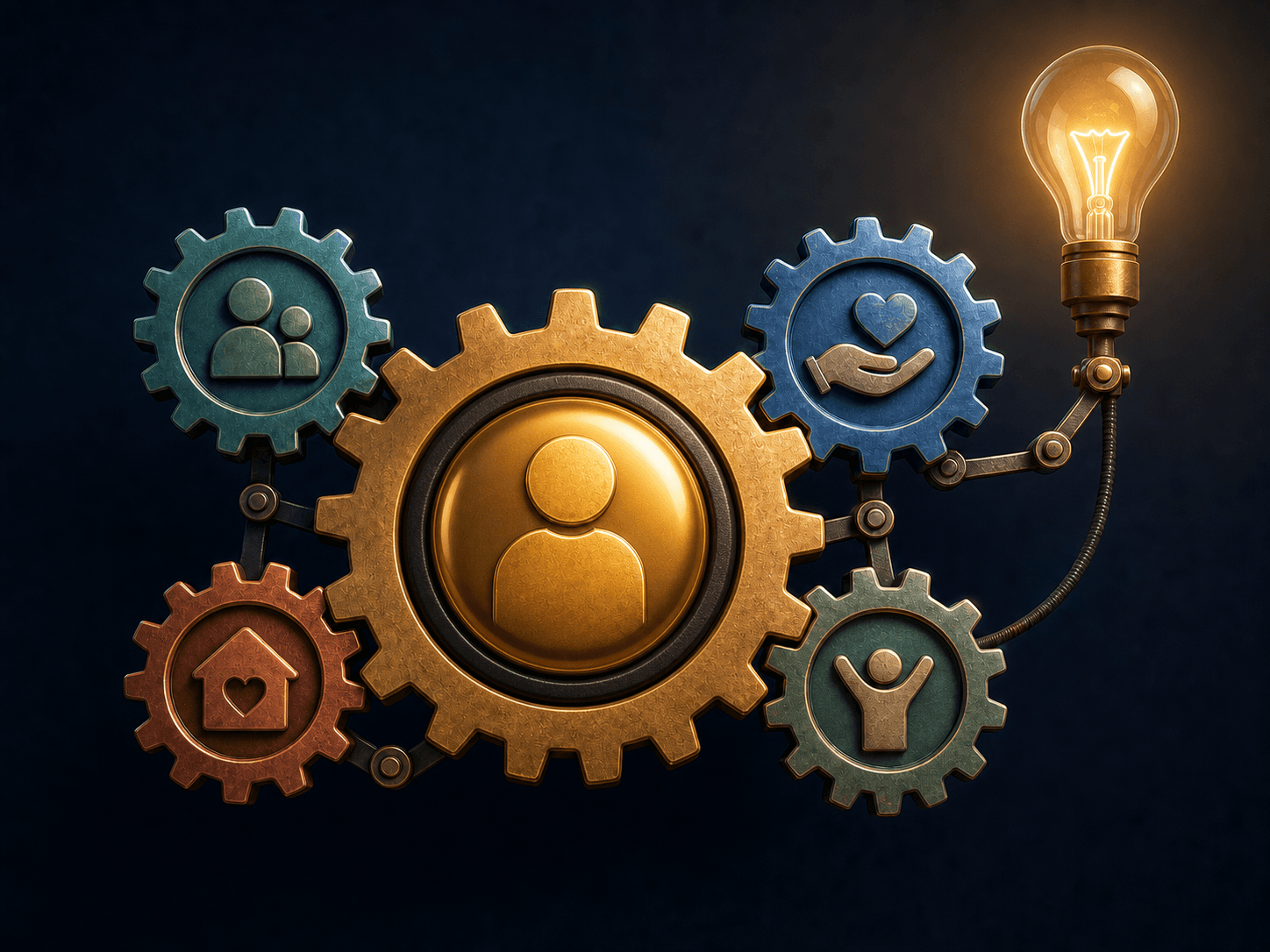 A large central gear with a front-facing gold button showing you, connected to four smaller support gears and a glowing light bulb
