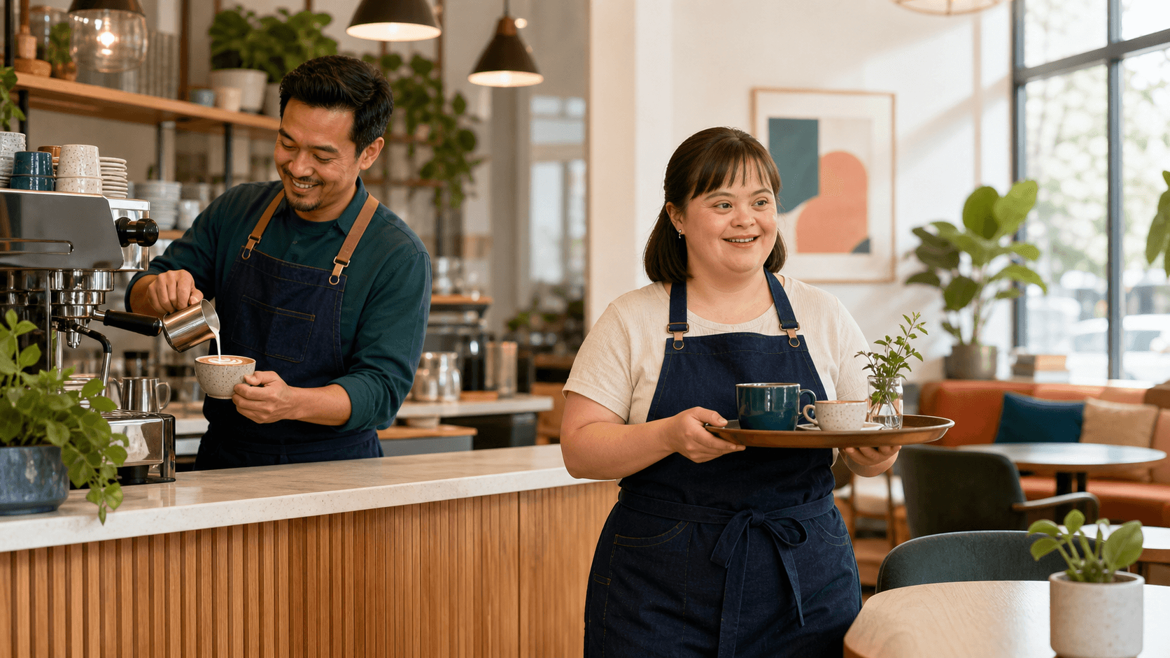 Two adult coworkers in a modern coffee shop: a barista preparing a drink and a woman with Down syndrome serving coffee