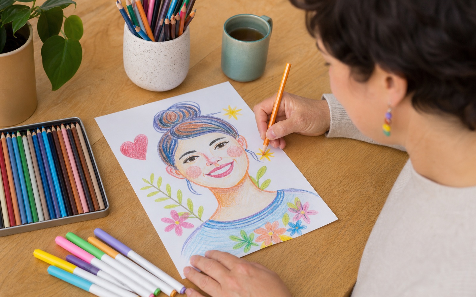 A person drawing and coloring a portrait with art supplies