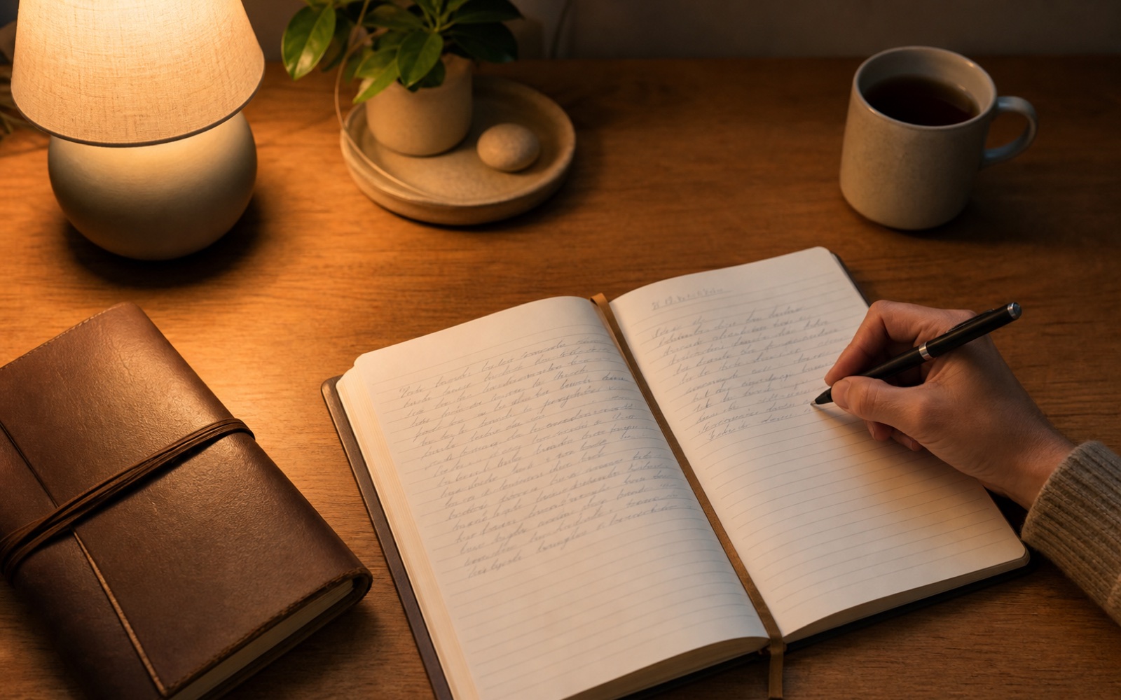 An open personal journal with a pen on a quiet desk