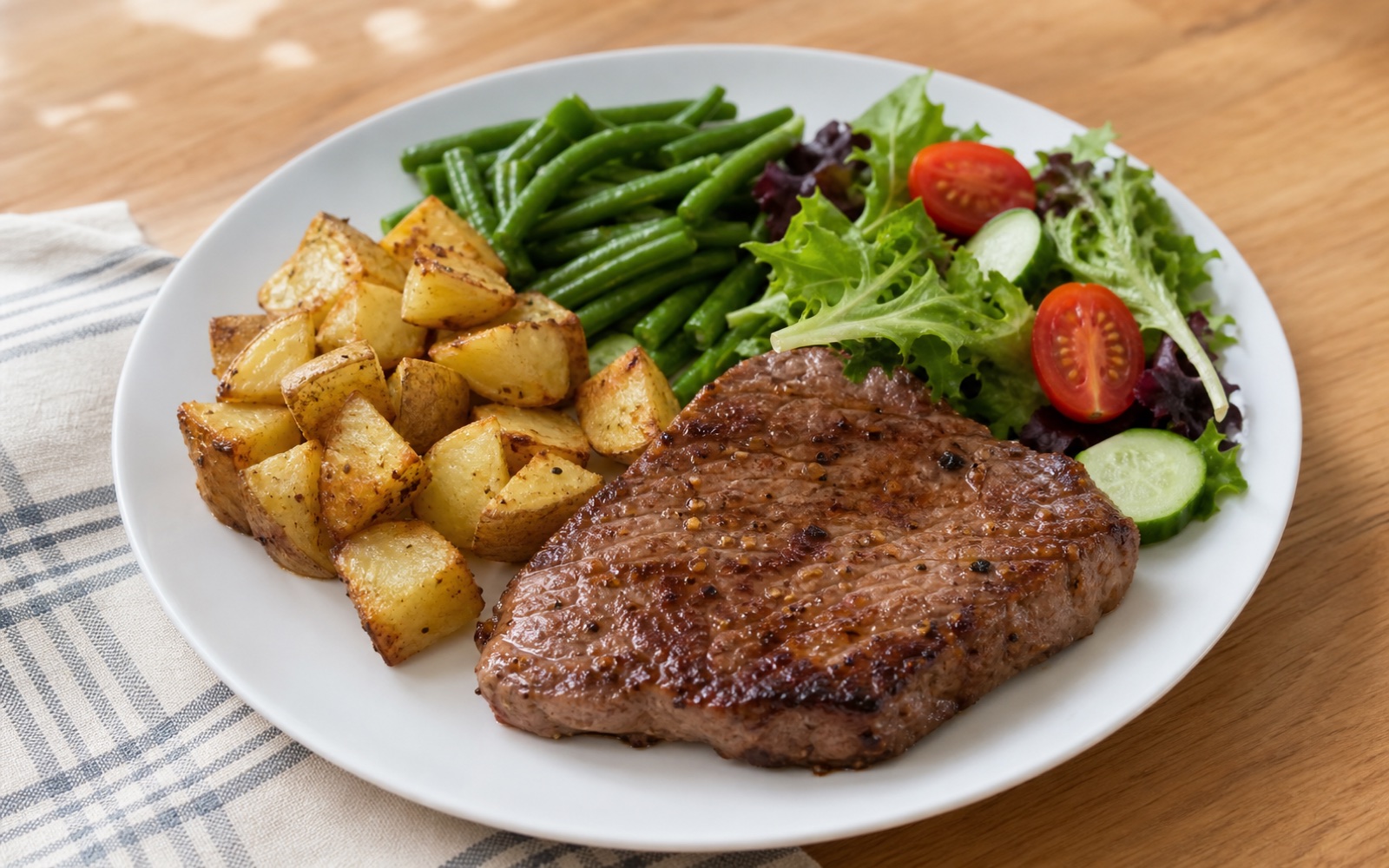 A lunch plate with cooked steak, potatoes, vegetables, and salad